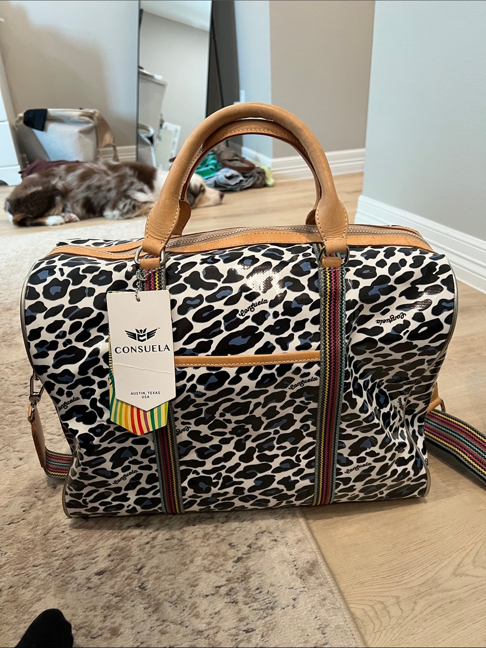 Consuela Leopard Print Duffel with Tan Trim and Multicolor Straps